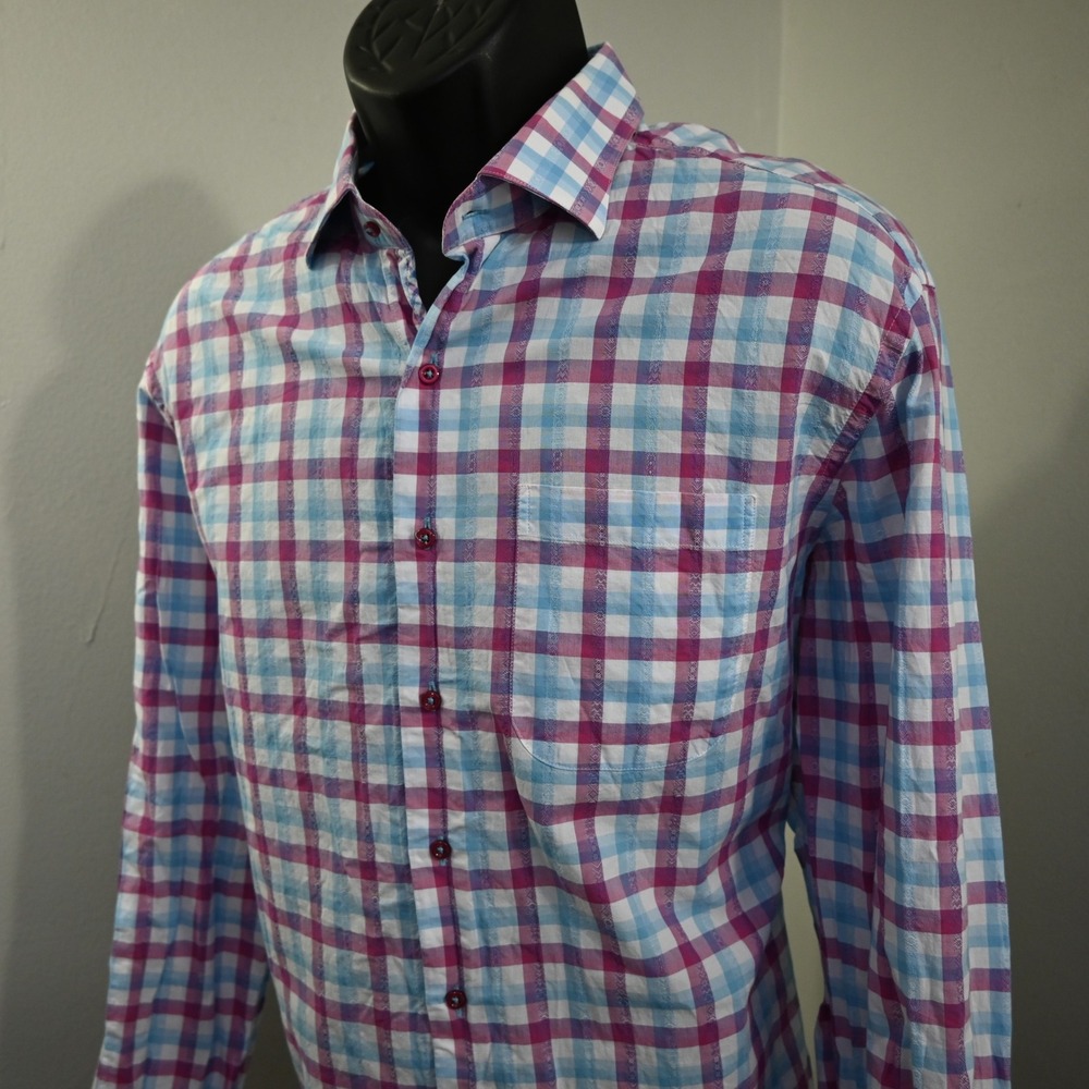 Hammer Made Button Up Shirt Mens 44/17.5 XL Blue Pink Plaid Long Sleeve